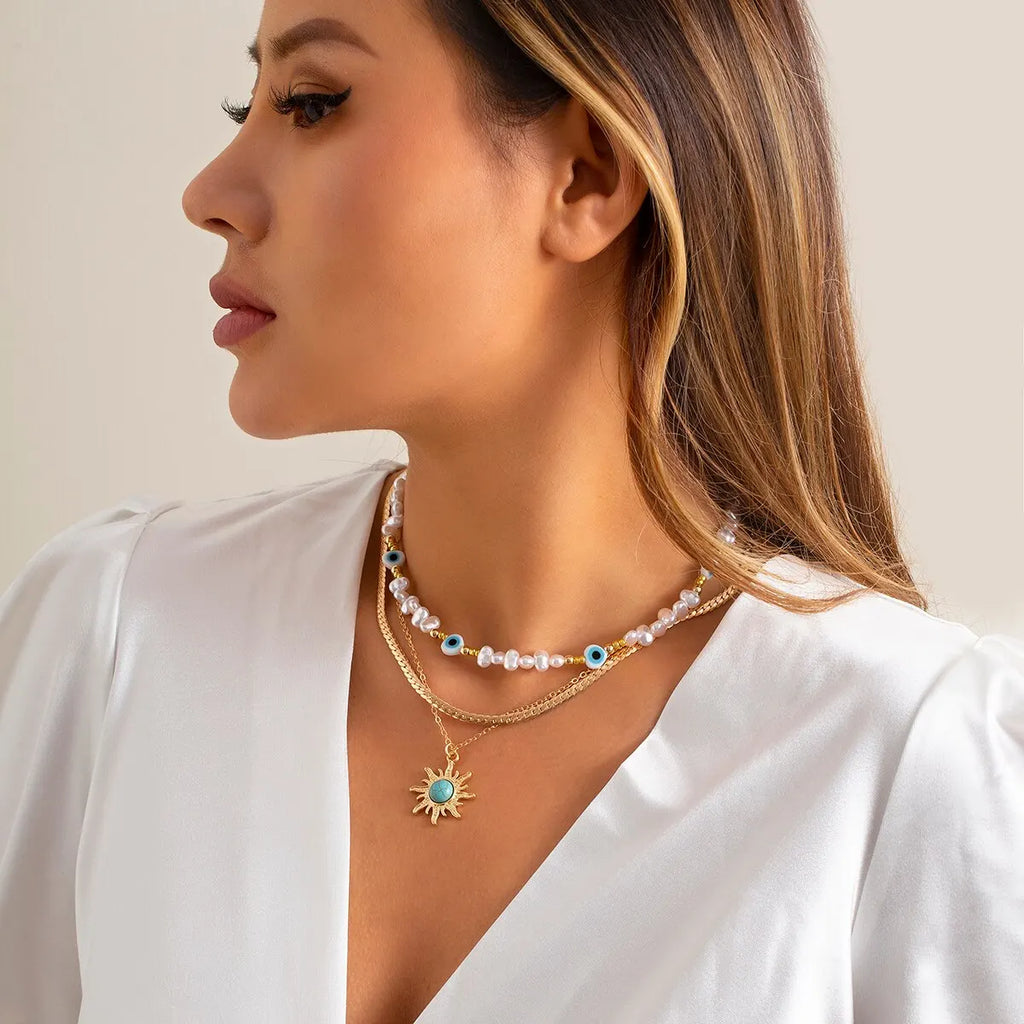 Sunflower Beaded Layered Necklace Set