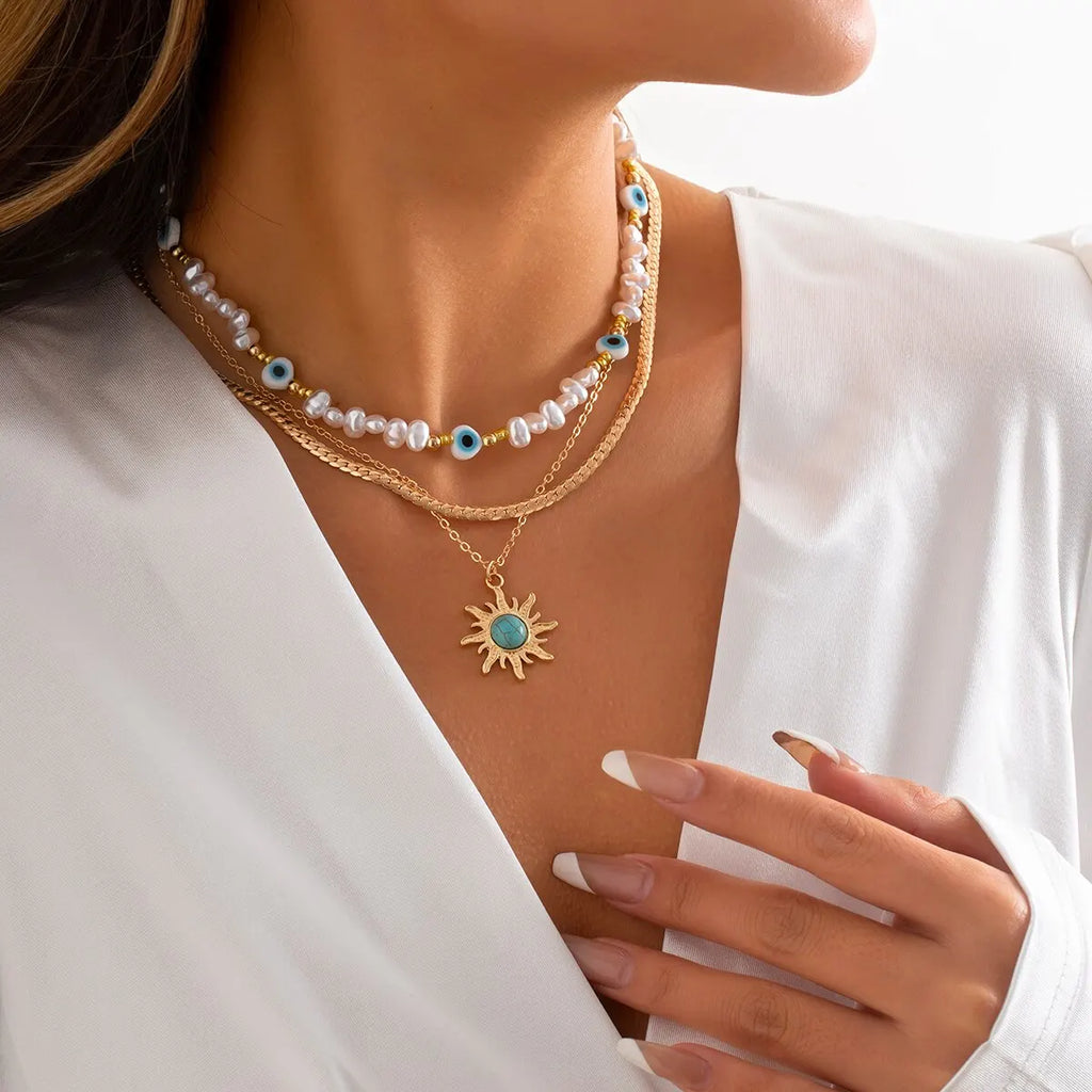 Sunflower Beaded Layered Necklace Set