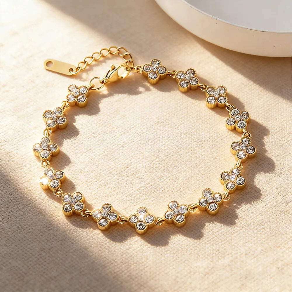 Four-Leaf Clover CZ Flower Bracelet