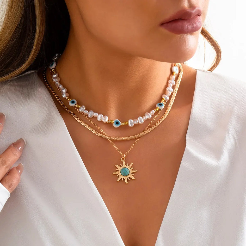 Sunflower Beaded Layered Necklace Set