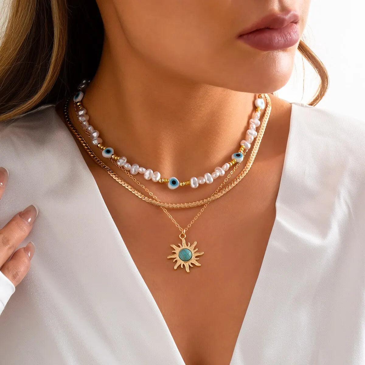 Sunflower Beaded Layered Necklace Set