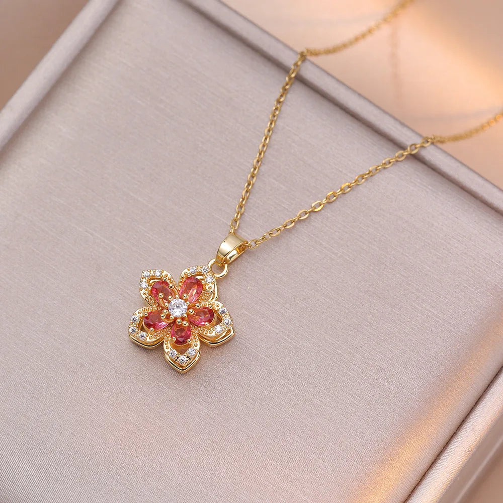 Zircon Flower Pendant Necklace